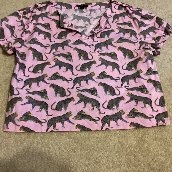 J. Crew Ratti Cheetah Print Safari Blouse Pink Open V Neck 100% Cotton Women’s L - Picture 5 of 14